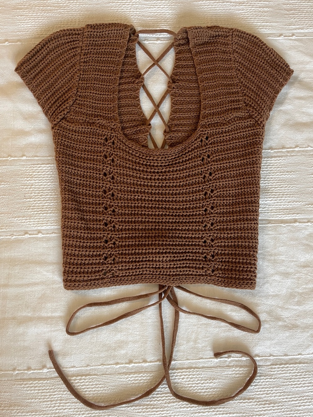 Brown Cropped Lace-Up Back Cap-Sleeved Knit Sweater